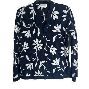 Talbots Sz 10 Blouse Navy Blue White Embroidery Flowers Cotton Long Sleeve